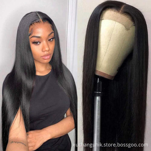 Wholesale glueless pre plucked transparent swiss lace wig for black women raw brazilian 100% human hair straight lace front wigs